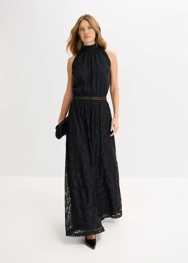 Maxi jurk met rok van kant, Kleur: zwart