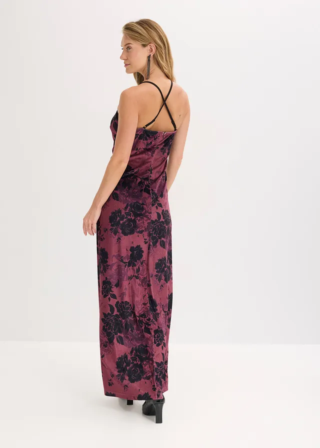 Robe longue en velours brillant, Couleur: bordeaux floral
