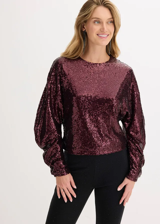 Bluză cu mâneci lungi și paiete • roșu-vineriu • magazin bonprix