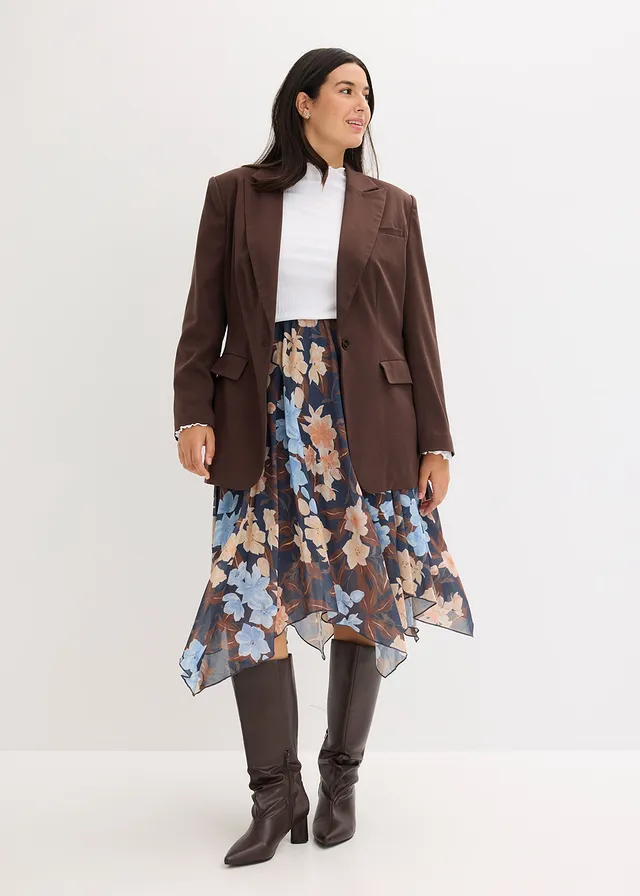 Midirok van chiffon met een asymmetrische onderkant, Kleur: nachtblauw
