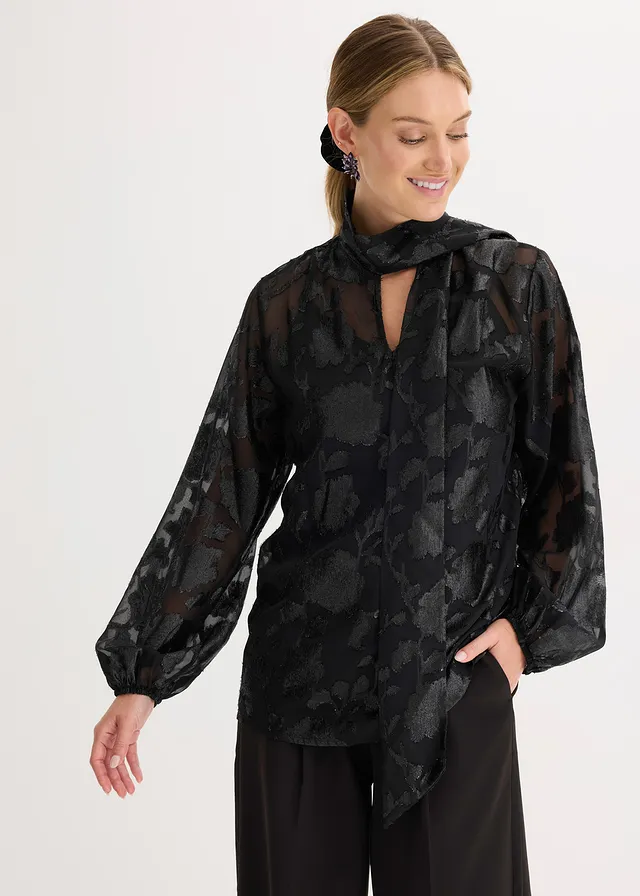 Blouse met borduursel, Kleur: zwart
