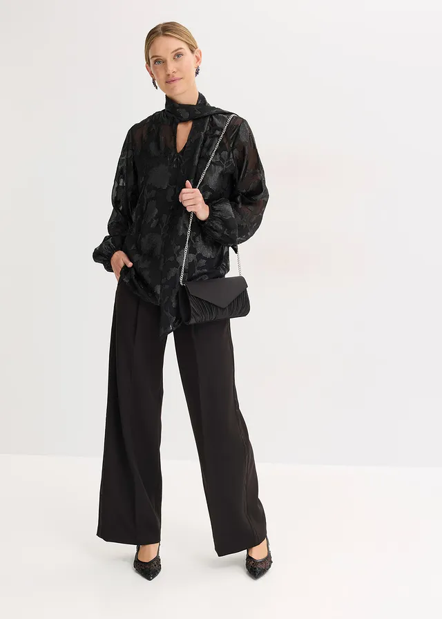 Blouse met borduursel, Kleur: zwart