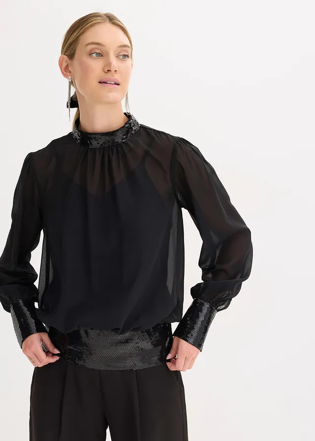 Blouse van fijne tule met pailletten, Kleur: zwart