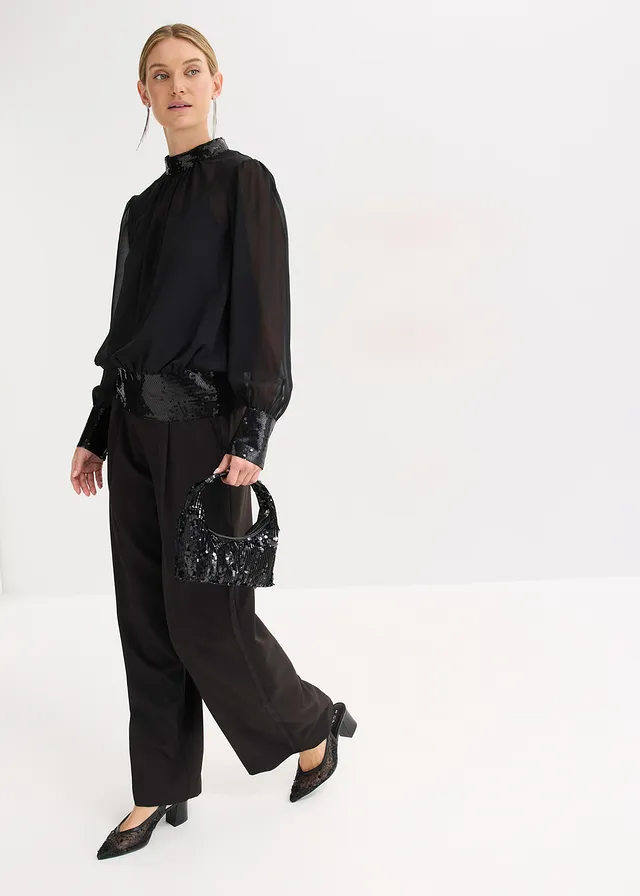 Blouse van fijne tule met pailletten, Kleur: zwart