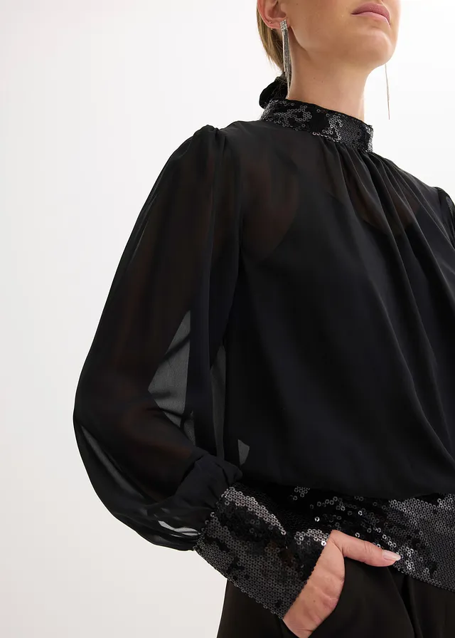 Blouse en tulle fin avec empiècements à sequins • noir • product-page.page-title-suffix