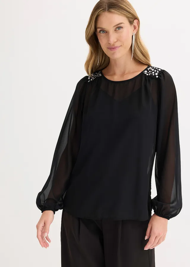 Chiffon blouse met strass, Kleur: zwart