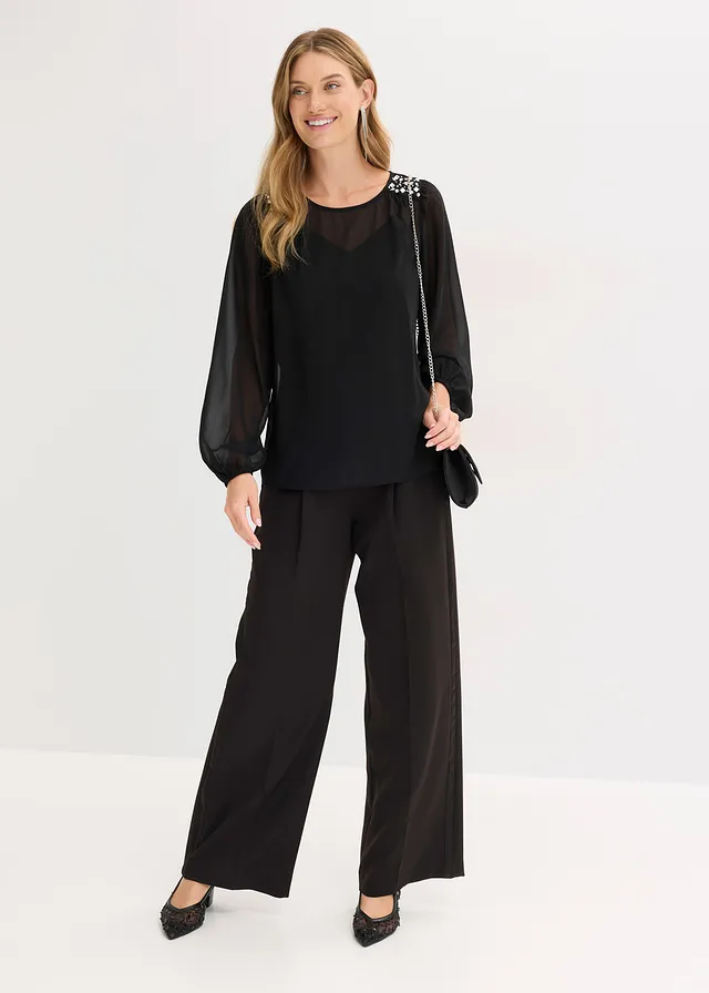 Chiffon blouse met strass, Kleur: zwart