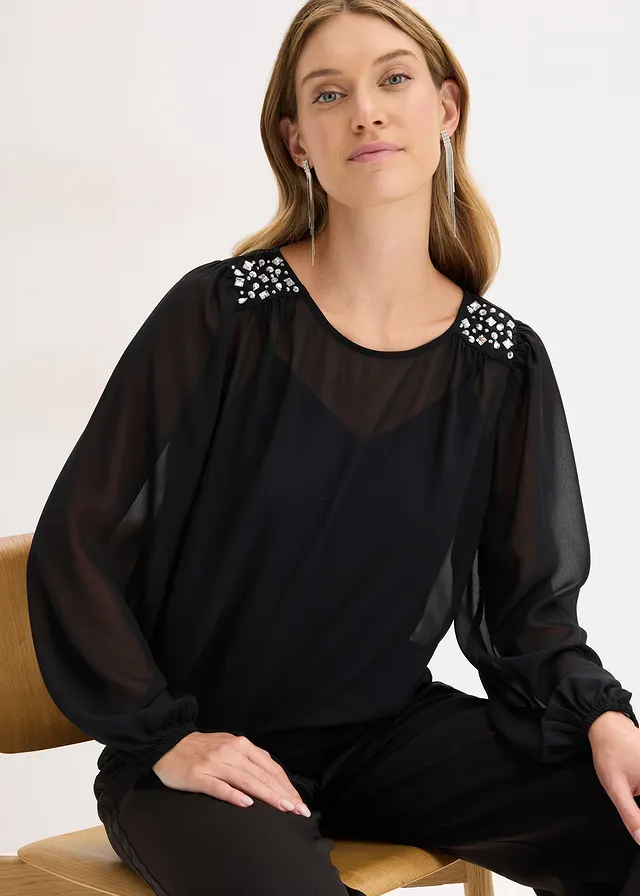 Blouse en mousseline avec strass sur les épaules • noir • product-page.page-title-suffix
