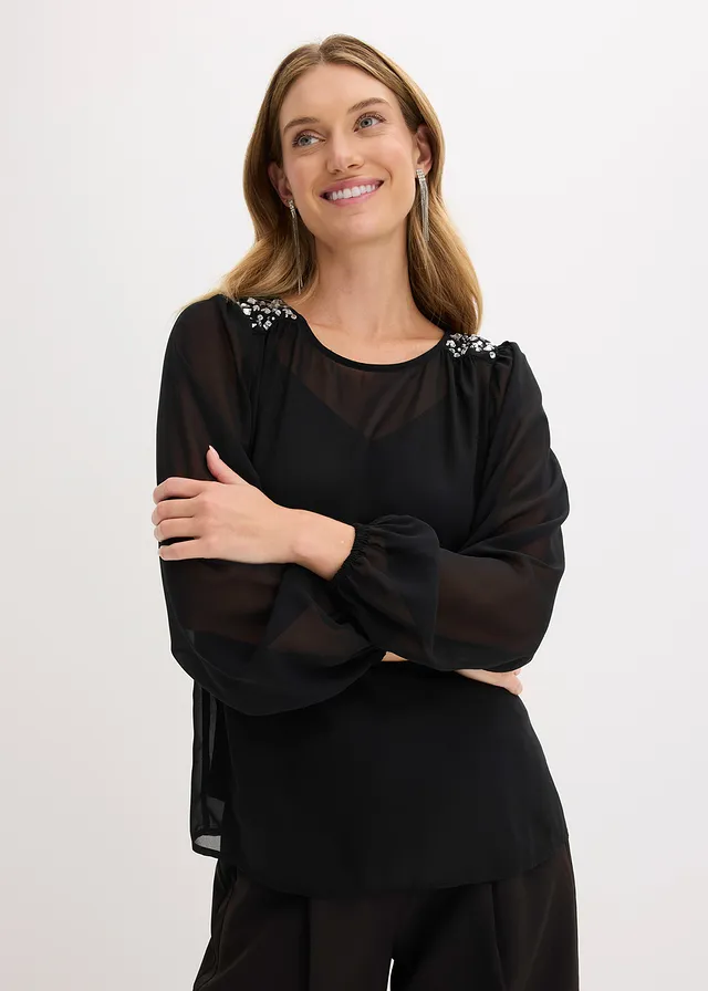 Blouse en mousseline avec strass sur les épaules • noir • product-page.page-title-suffix
