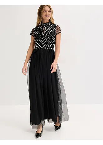 Maxi jurk met parelborduursel, Kleur: zwart