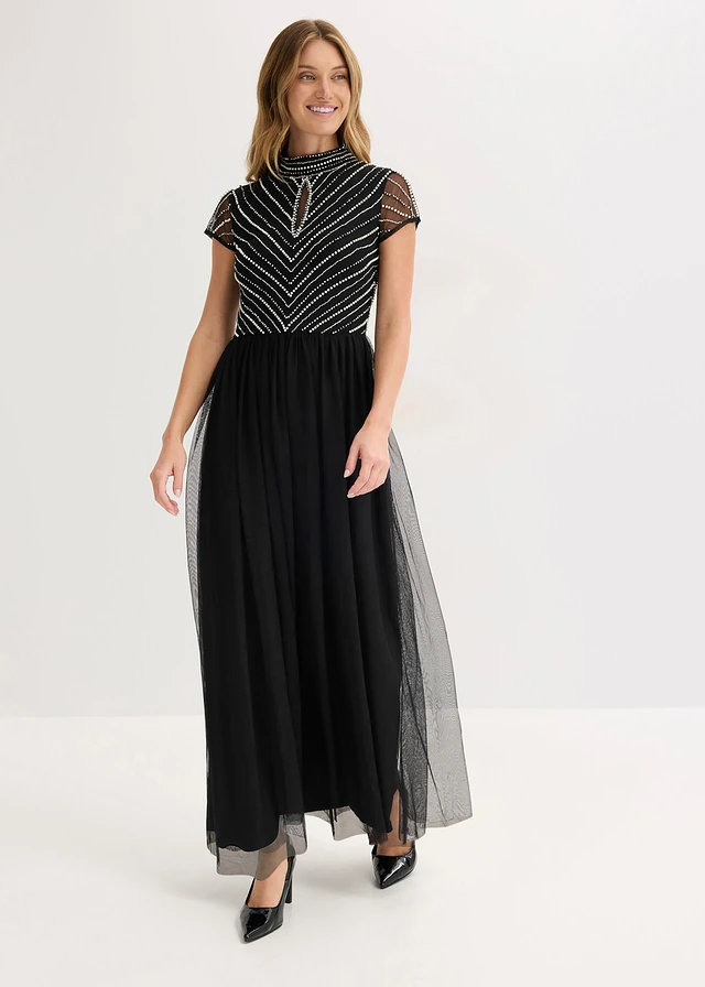 Maxi jurk met parelborduursel, Kleur: zwart/zilverkleur