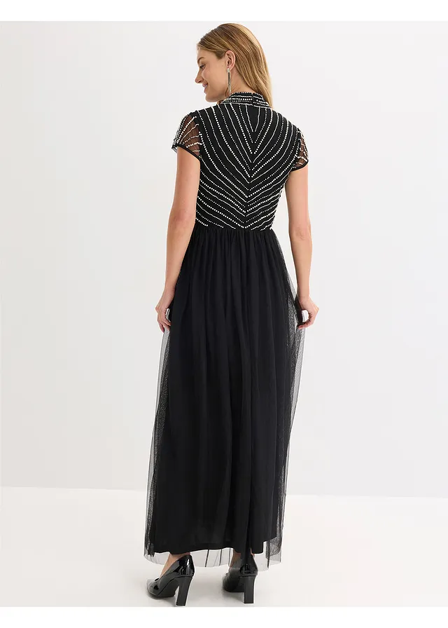 Robe longue avec haut brodé de perles, Couleur: noir-argenté