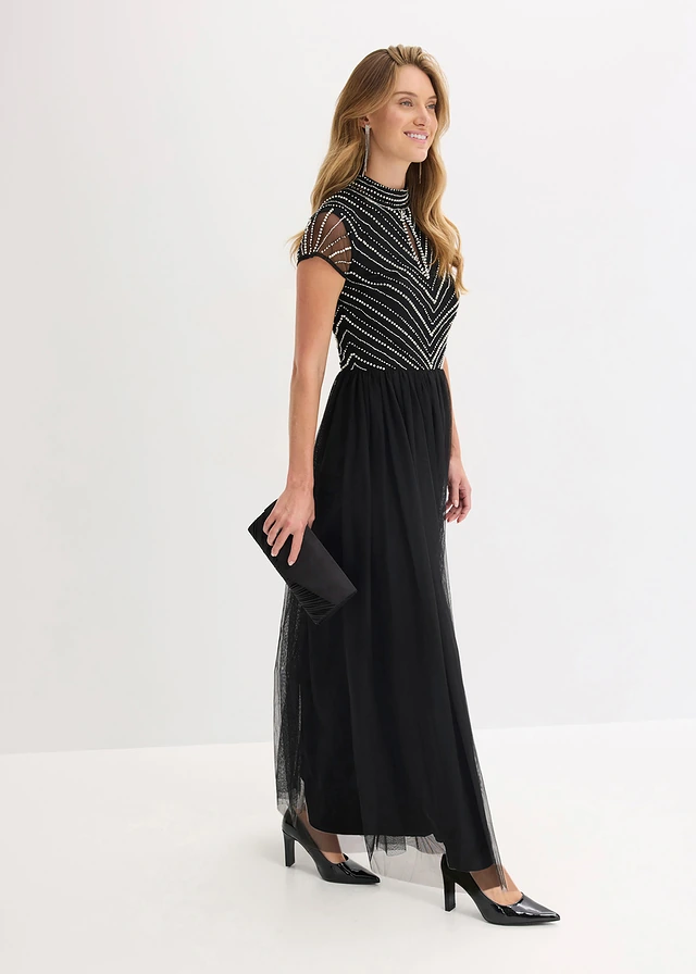 Maxi jurk met parelborduursel, Kleur: zwart/zilverkleur