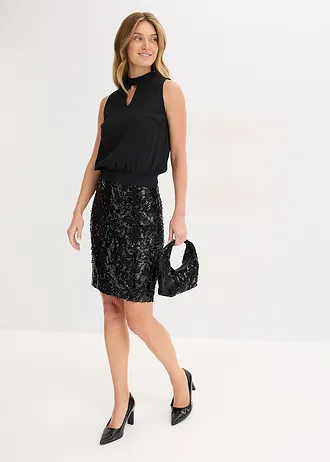 Midi jurk met pailletten, Kleur: zwart