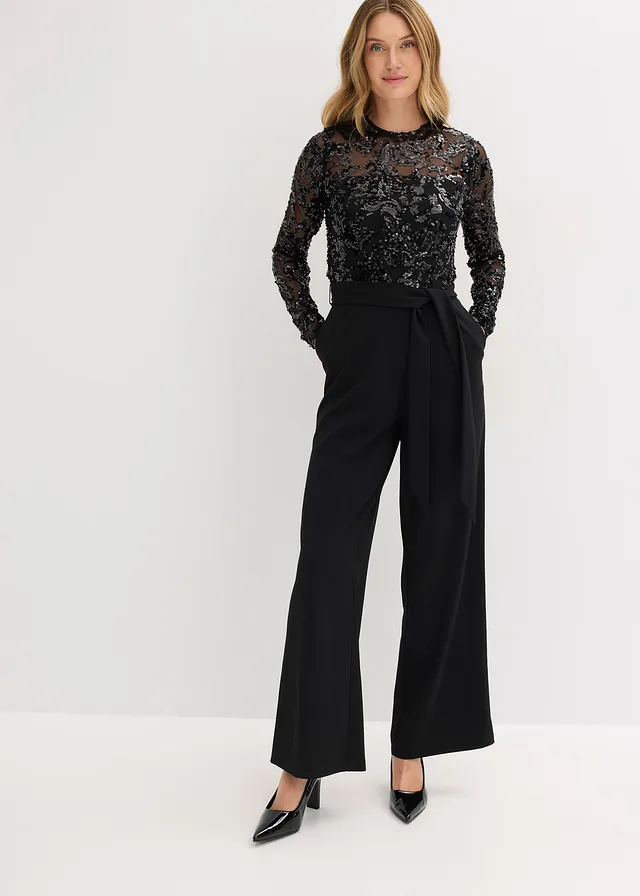 Jumpsuit met geborduurde pailletten, Kleur: zwart
