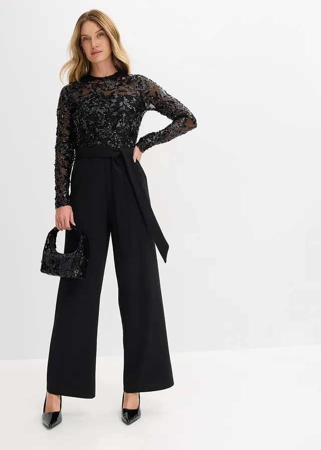 Jumpsuit met geborduurde pailletten, Kleur: zwart