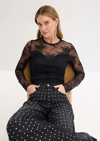 Bluză cu mâneci lungi din dantelă fină • negru • magazin bonprix