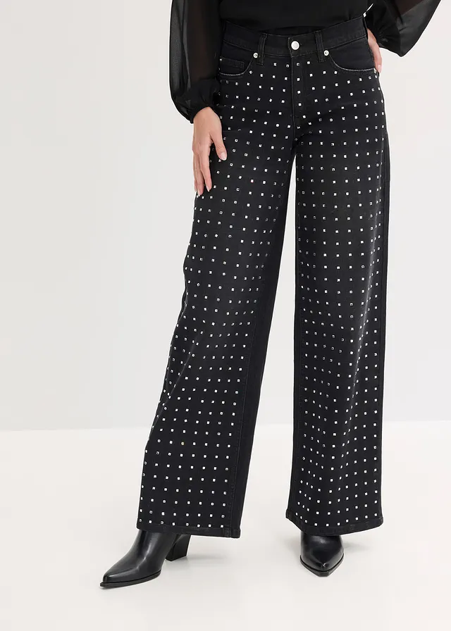 Wide leg jeans mid waist met strass, Kleur: zwart denim metallic