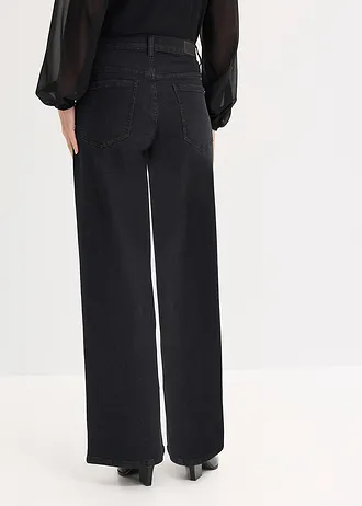 Wide leg jeans mid waist met strass, Kleur: zwart denim