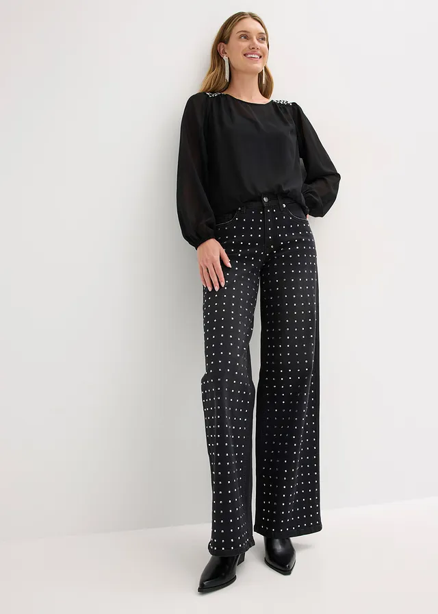 Jeansy z szerokimi nogawkami, mid waist, z aplikacją z kryształków • czarny denim metallic • sklep bonprix