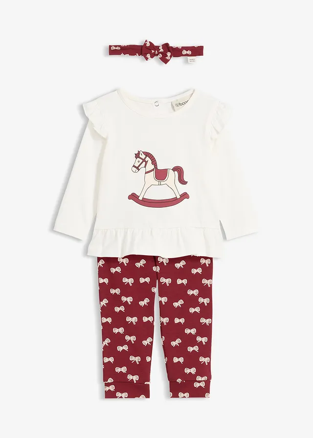 Set bestaande uit een longshirt, legging en hoofdband van puur biologisch katoen (3-dlg. set), Kleur: granaatappel-wolwit