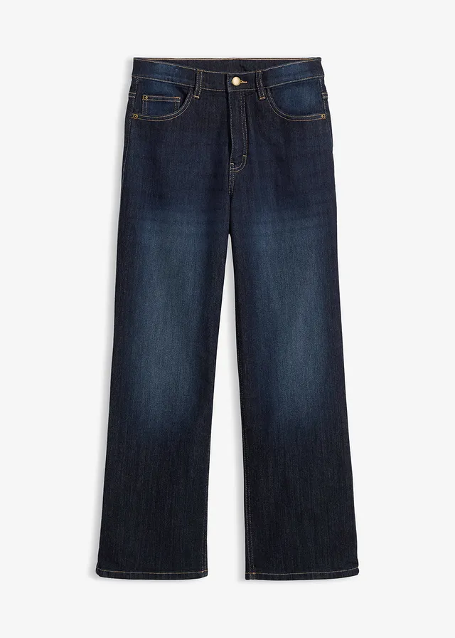 Wide leg thermojeans met jersey voering, mid waist, Kleur: donkerblauw denim