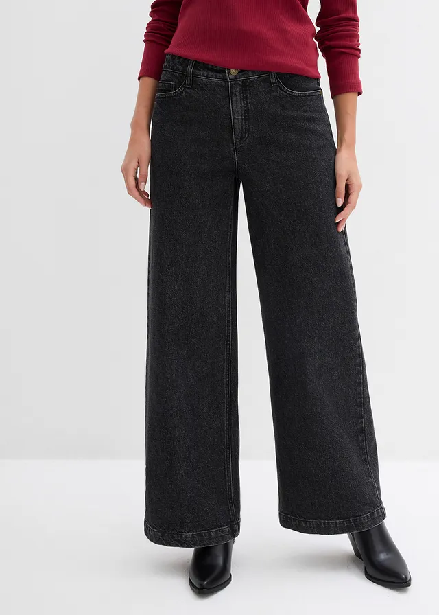 Jean large taille mi-haute, longueur sol, Couleur: gris foncé denim used