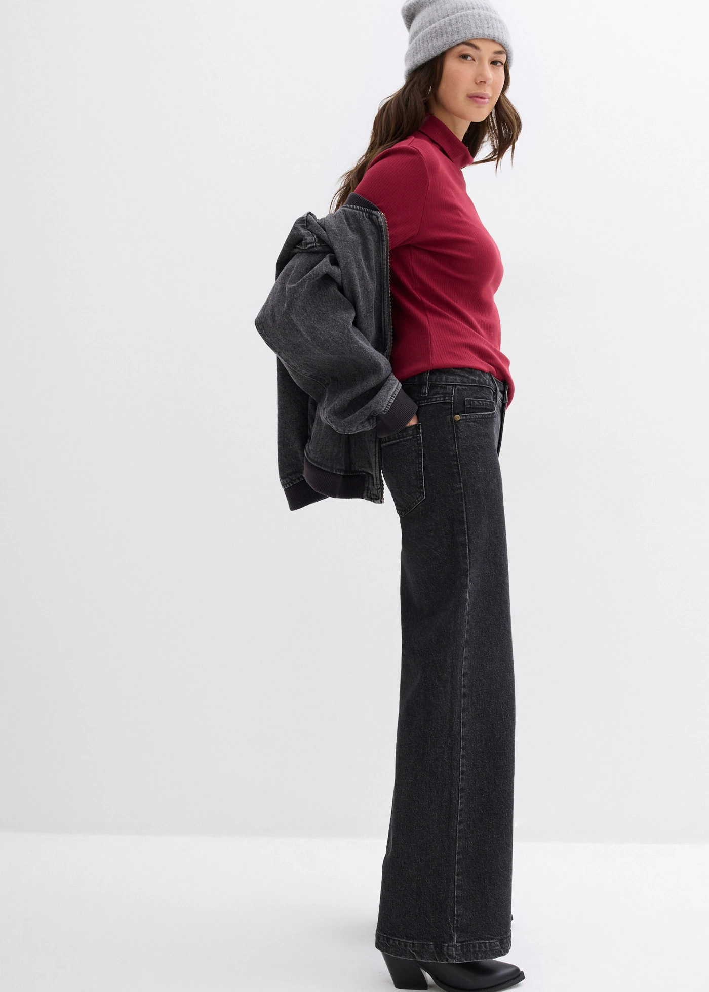 Jean large taille mi-haute, longueur sol • gris foncé denim used • Boutique bonprix