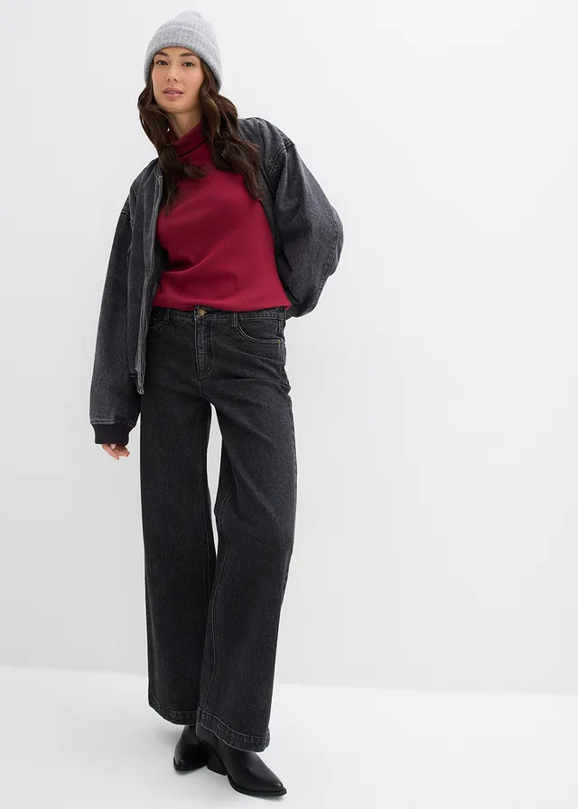 Jean large taille mi-haute, longueur sol, Couleur: gris foncé denim used