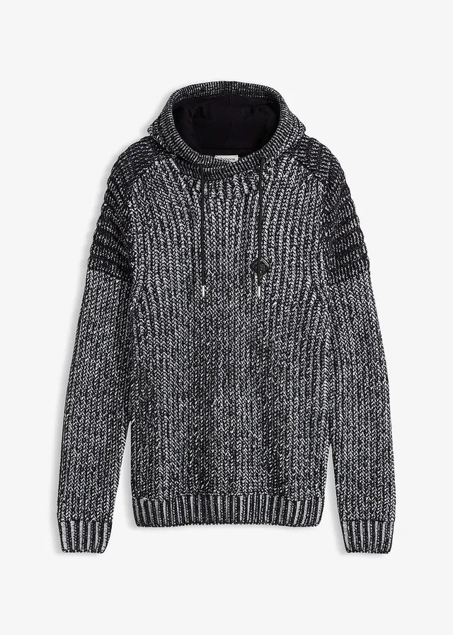 Pull en grosse maille à capuche et détails motard, Couleur: noir/blanc chiné