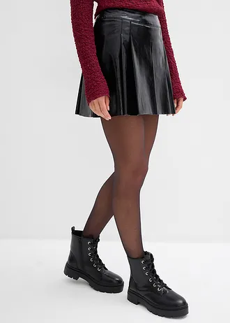 Korte rok van imitatieleer met plooien, Kleur: zwart