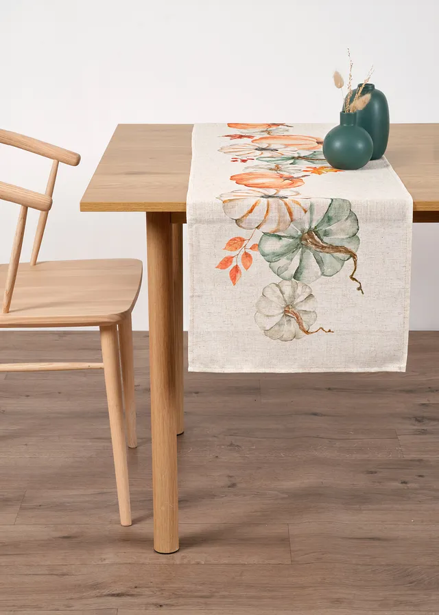 Chemin de table contenant du lin, Couleur: crème/orange/vert