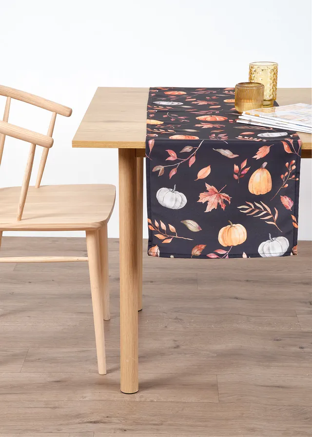 Chemin de table imperméable avec motif citrouille, Couleur: noir/orange