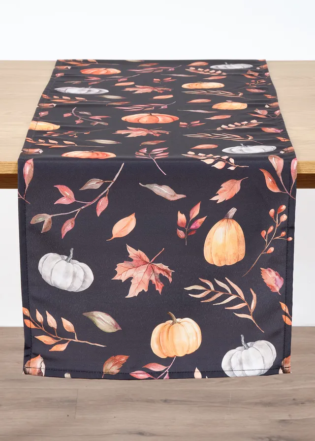 Tafelloper met pompoenmotief, waterafstotend, Kleur: zwart/oranje