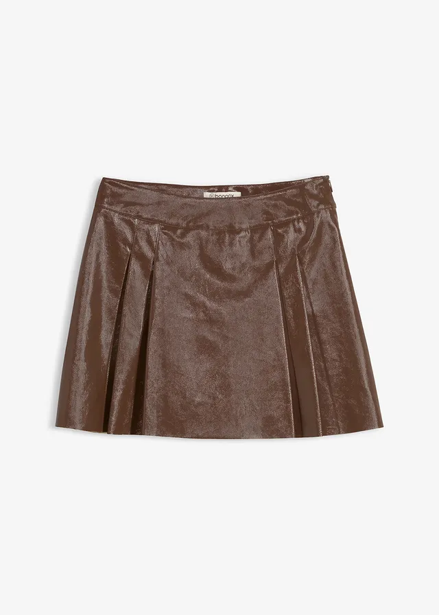 Korte rok van imitatieleer met plooien • bruin • bonprix online shop