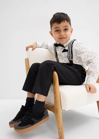 Cămașă cu mâneci lungi, pantaloni stretch, bretele și papion (set/4 piese) • ecru/negru • magazin bonprix