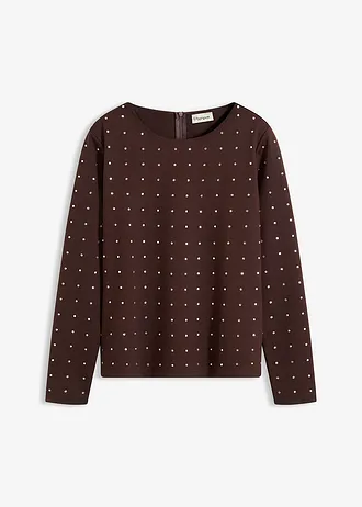 Longsleeve met strass-applicatie, Kleur: donkerbruin