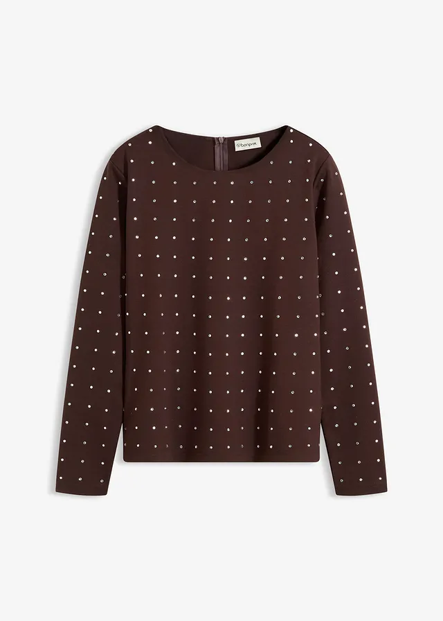 T-shirt manches longues à strass • marron foncé • Boutique bonprix