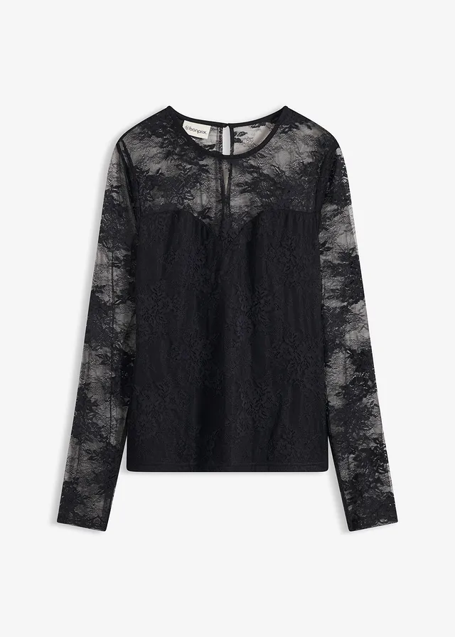 Bluză cu mâneci lungi din dantelă fină • negru • magazin bonprix