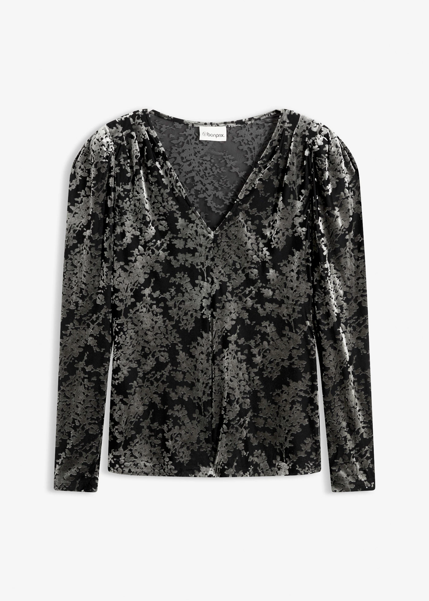 Tričko s dlouhým rukávem, ze sametu s vypalovaným vzorem • černo-zelená s květy • bonprix obchod