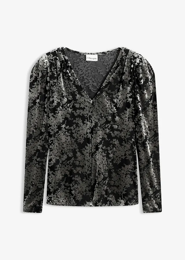 Hosszú ujjú póló Dévoré bársonyból • fekete/zöld • bonprix áruház