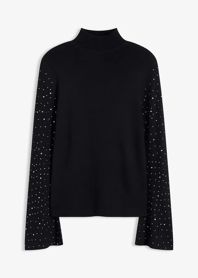 Pull en fine maille à manches trompette décorées de strass • noir • Boutique bonprix