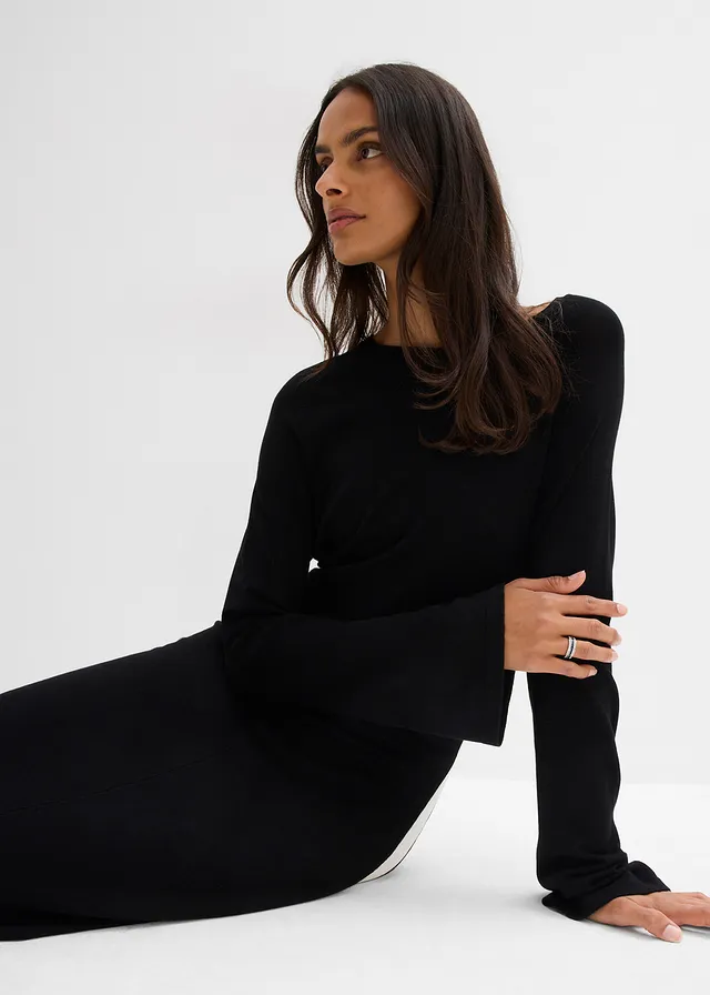 Gebreide jurk in een viscosemix met contrasterende details • zwart/wolwit • product-page.page-title-suffix