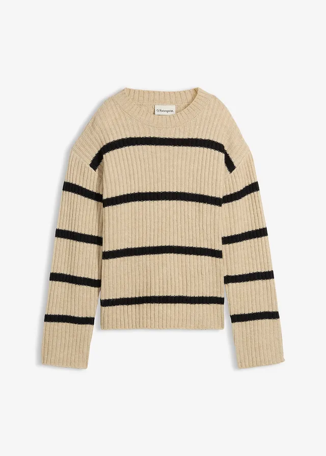 Sweter w paski • jasny piaskowy-czarny w poziome pasy • sklep bonprix
