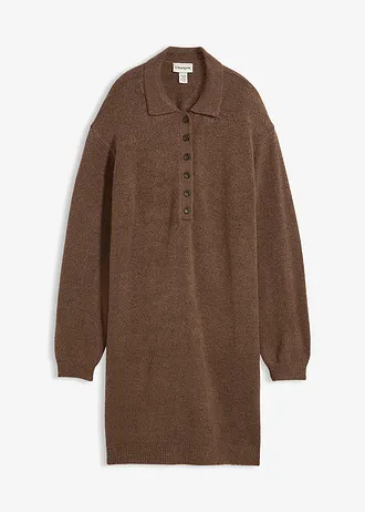Korte gebreide jurk met knoopsluiting, Kleur: leembruin