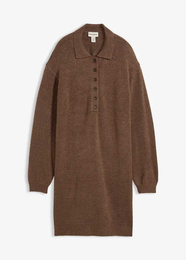 Pletené šaty, krátke s gombičkovou légou • hlinená hnedá • obchod bonprix