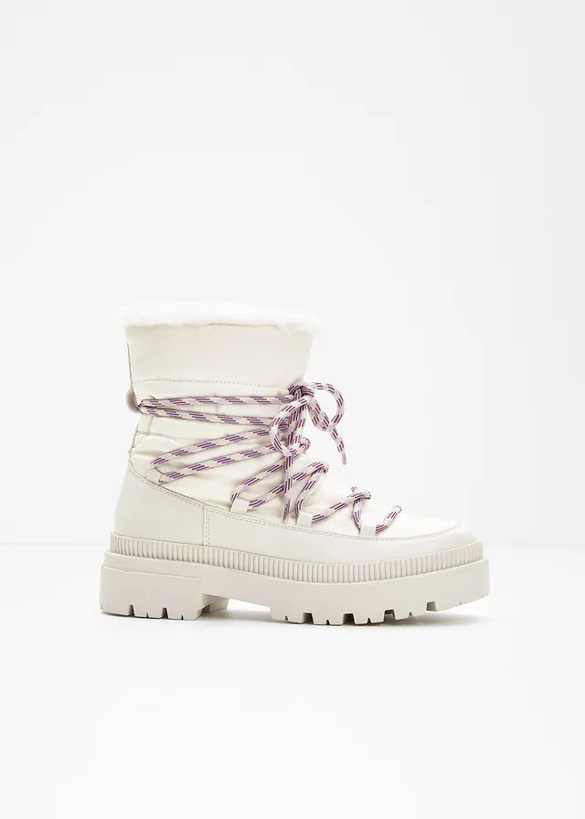 Boots fourrées à lacets, Couleur: blanc nacré-beige