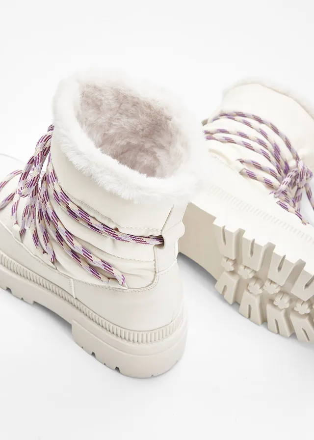 Boots fourrées à lacets, Couleur: blanc nacré-beige