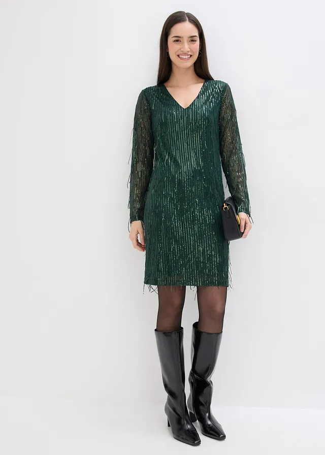 Robe à sequins et franges, Couleur: vert profond