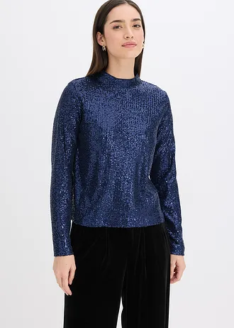 Blouse met pailletten, Kleur: donkerblauw